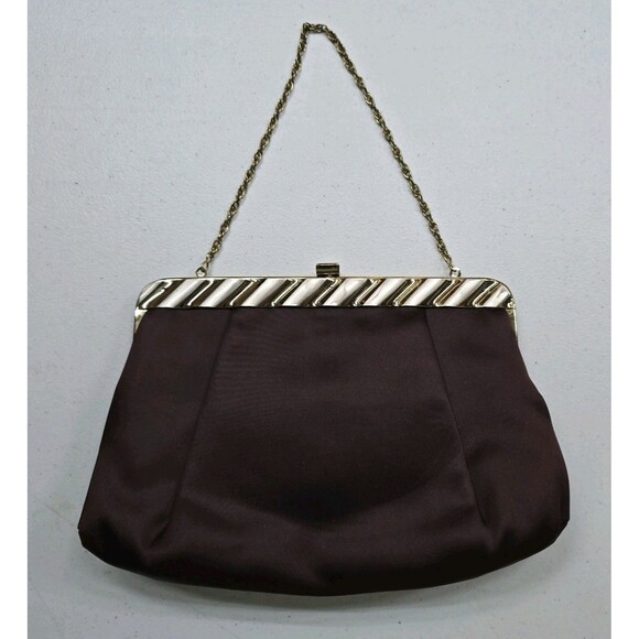 Miss Lewis Handbags - Vintage Miss Lewis Evening Bag Purse Clutch Burgundy Satin Gold Chain Kiss Lock